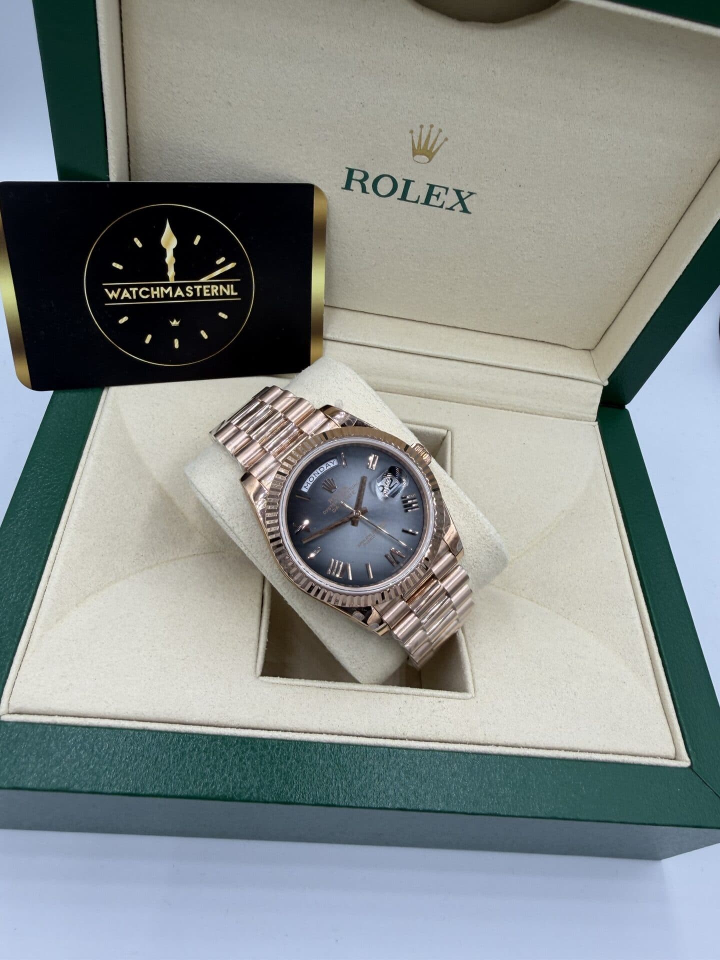 Rolex Day-Date Rosé Gold Ombre Black Roman Dial 40MM BP