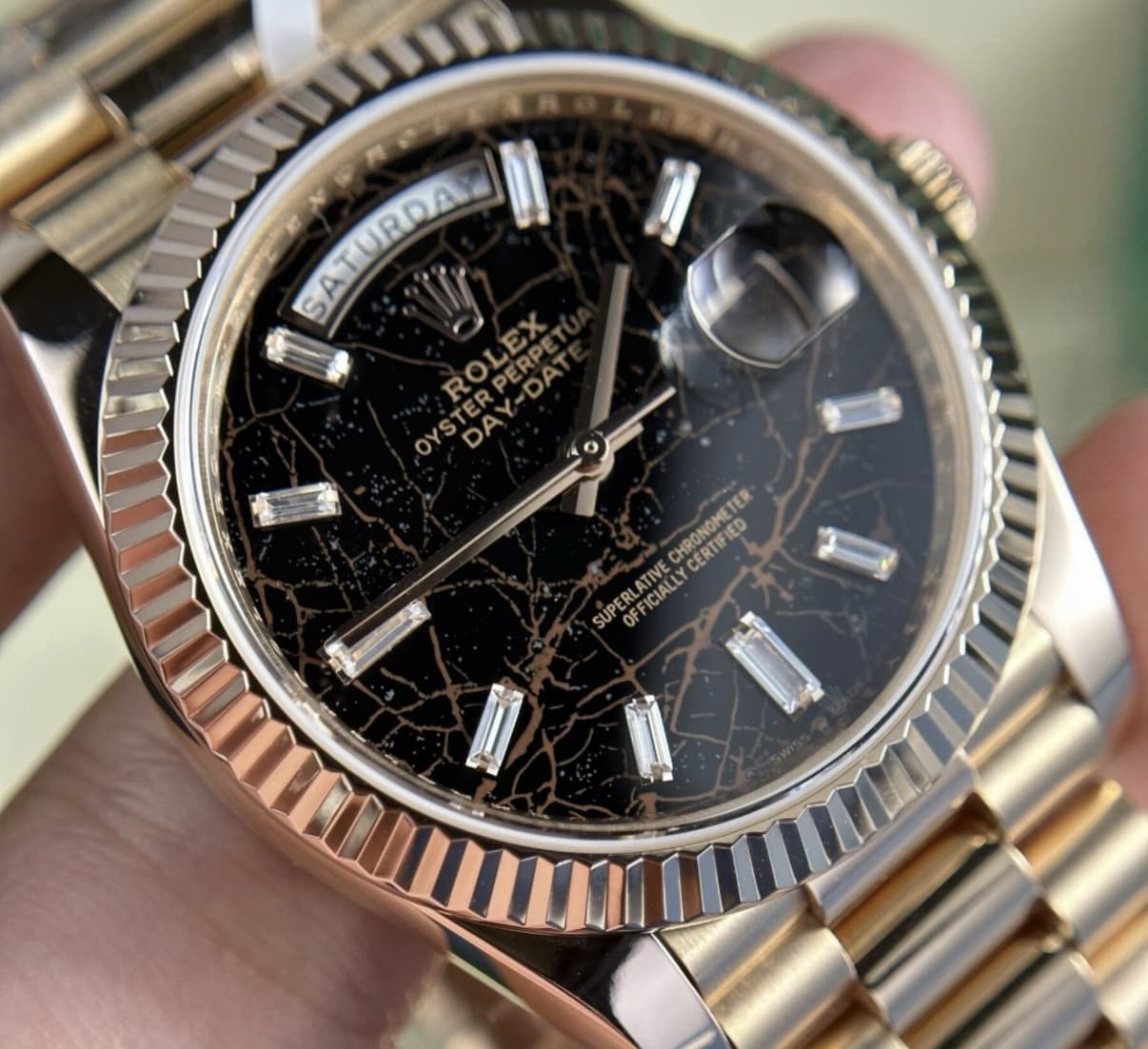 Rolex Day-Date 228235 RG Plated Eisenkiesel Dial CZ Diamonds 40mm Super Clone